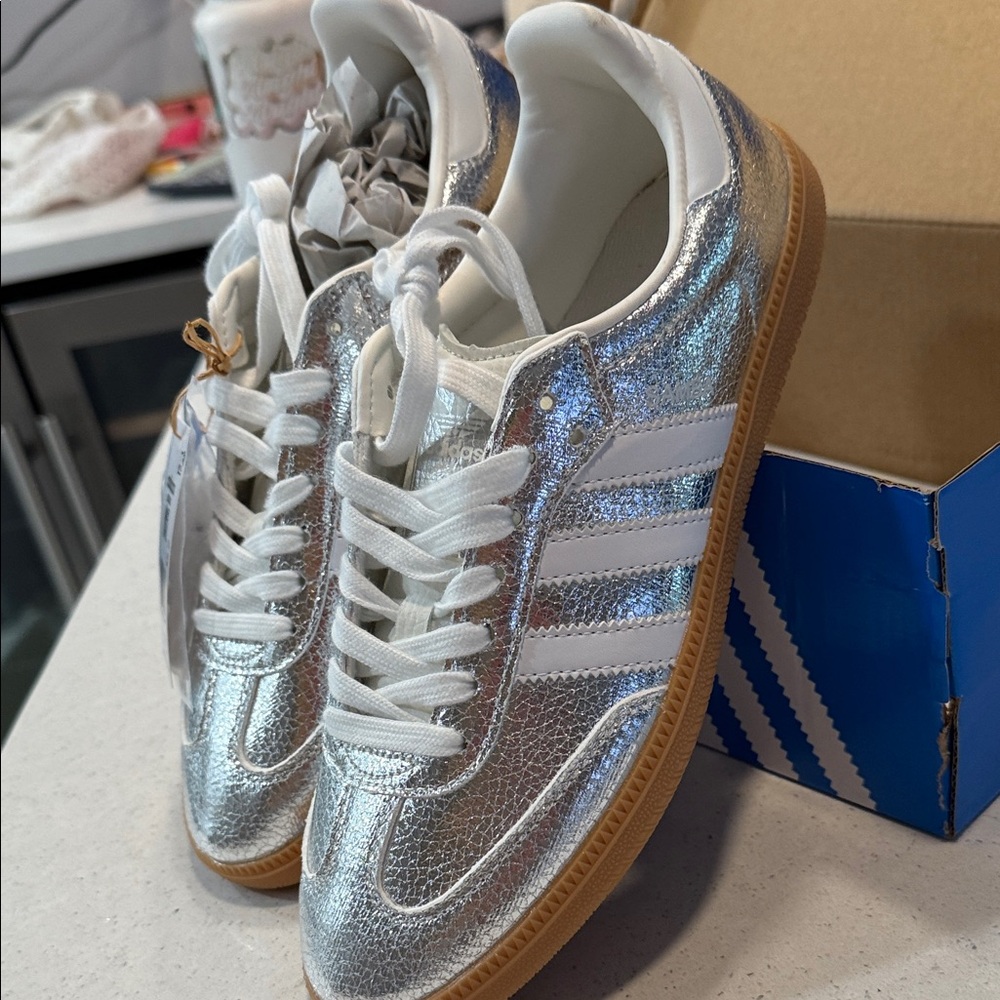 Adidas Metallic Silver Sneakers with White Stripes